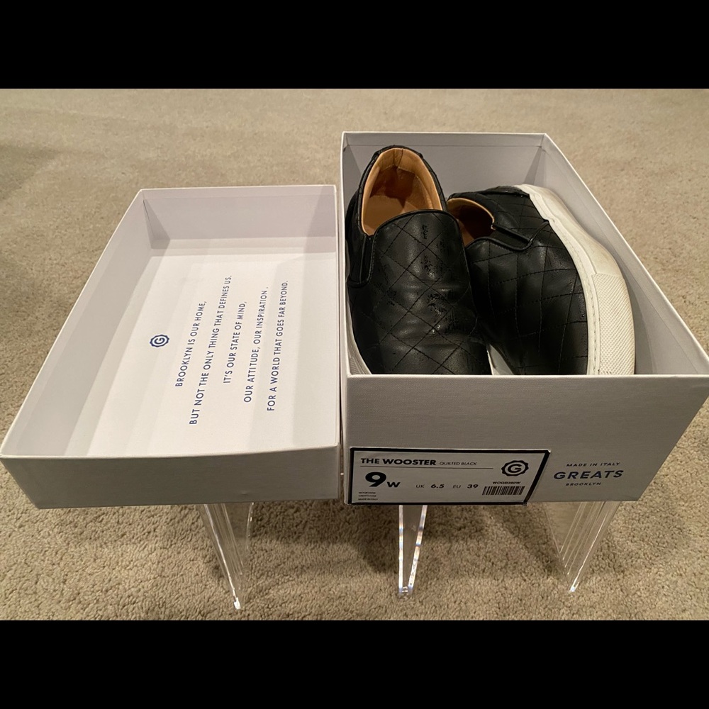 Greats Quilted Wooster Slip On Sneakers - Black Leather - Sz 9